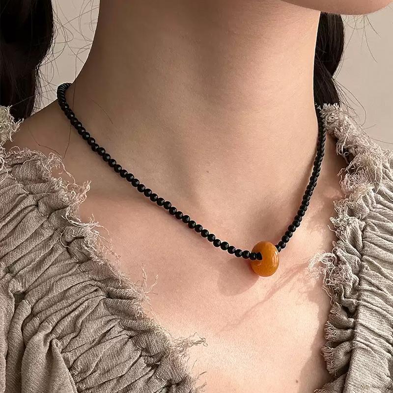 Minimalist S925 Silver Necklace with Natural Agate & Jade Pendant – Handmade Unisex Beaded Chain — A minimalist handmade necklace featuring a single natural pho