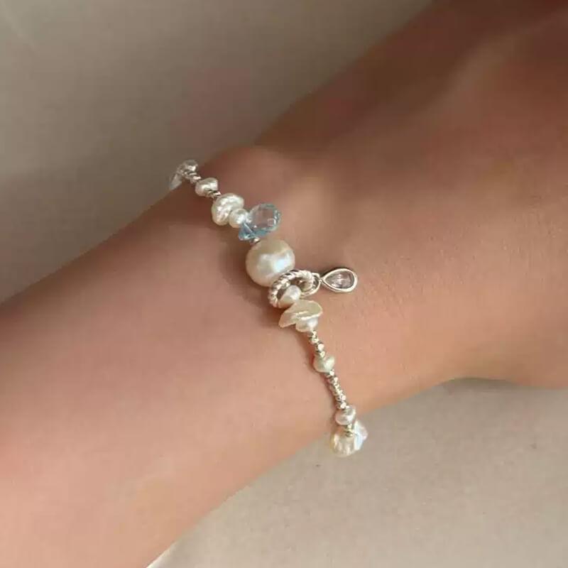 Blue Hole S925 Sterling Silver Bracelet – Natural Topaz & Freshwater Pearl, Handmade Beaded Design — Handmade with S925 sterling silver, natural Indian topaz, p