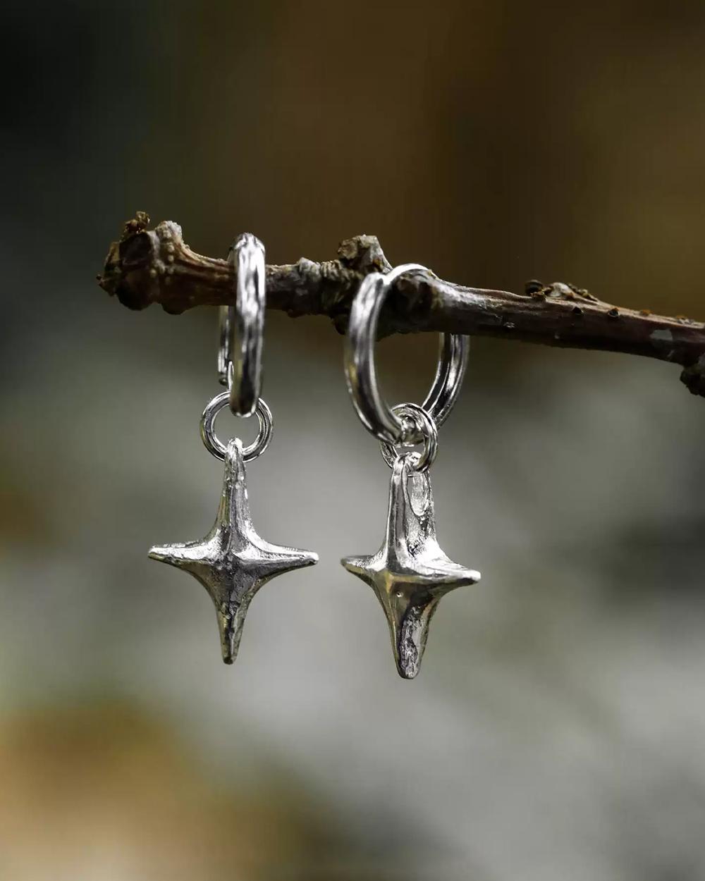 Original Handmade Four-Pointed Star 999 Fine Silver Earrings – Minimalist Artistic Dangle Earrings f — Handmade in 999 fine silver with a hand-forged photo 3