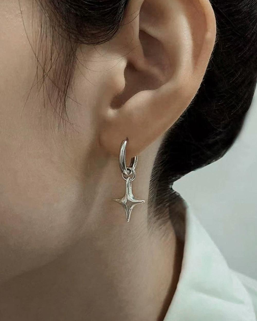 Original Handmade Four-Pointed Star 999 Fine Silver Earrings – Minimalist Artistic Dangle Earrings f — Handmade in 999 fine silver with a hand-forged photo 5