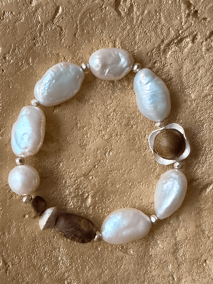 Original Vintage Style Natural Baroque Pearl & Agarwood Jewelry Set – Sterling Silver Bracelet and E — Natural baroque pearls meet agarwood and sterling silver