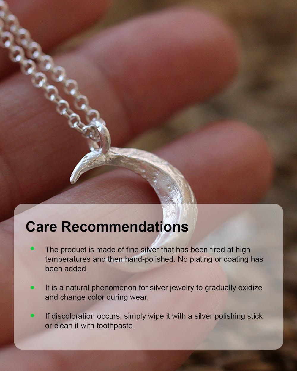 Original Handmade 999 Fine Silver Crescent Moon Necklace – Minimalist Artistic Pendant for Men & Wom — Handmade in 999 fine silver, this crescent moon detail vi
