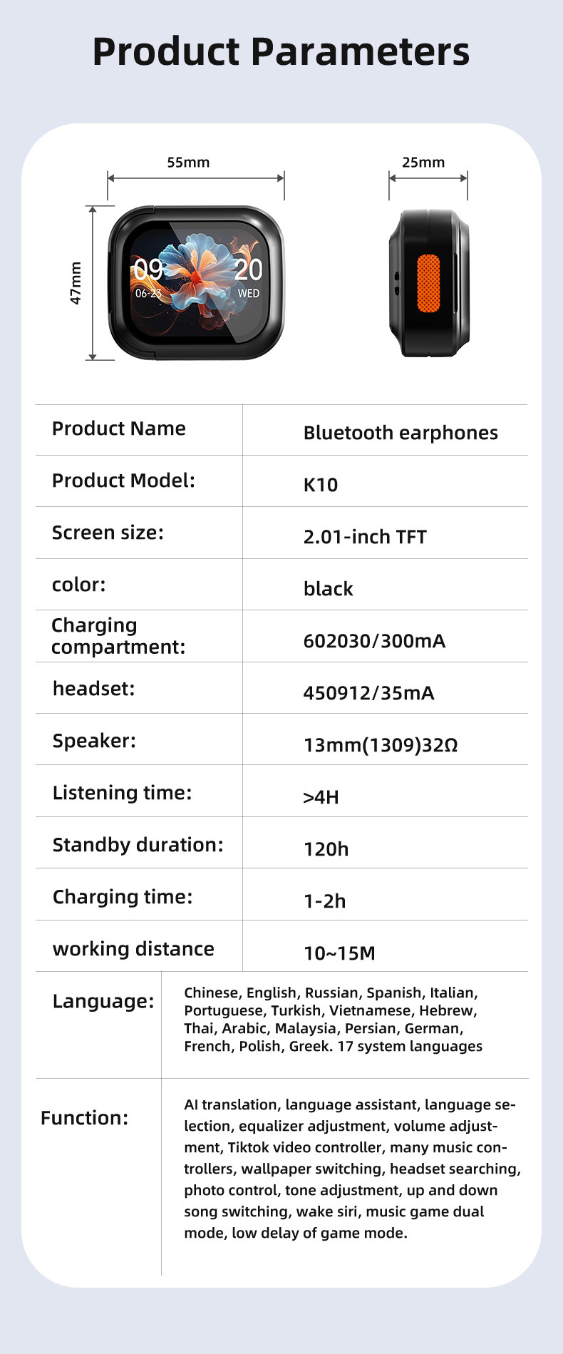 K10 AI Translation Earbuds — K10 AI Translation Earbuds with Touchscreen, Real-Time Language detail view 14