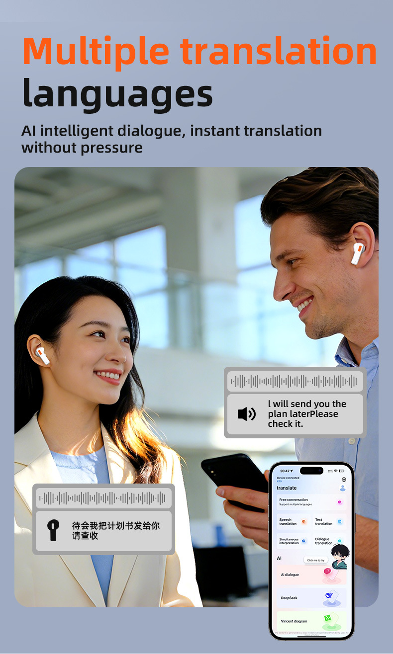 K10 AI Translation Earbuds — K10 AI Translation Earbuds with Touchscreen, Real-Time Language detail view 6